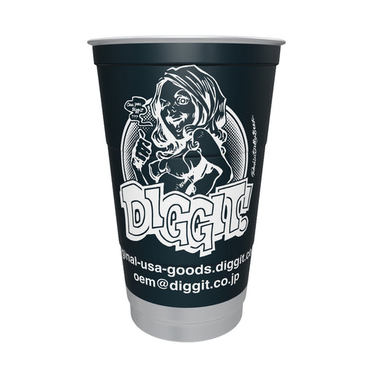 トップカップ 24oz、縦横比を維持して拡大したDIGGITイラストの全面印刷。Ball 2023年仕様書の暫定寸法を継承。現行品との寸法一致・スマホ実機ARは未確認。細部・質感は参考表現