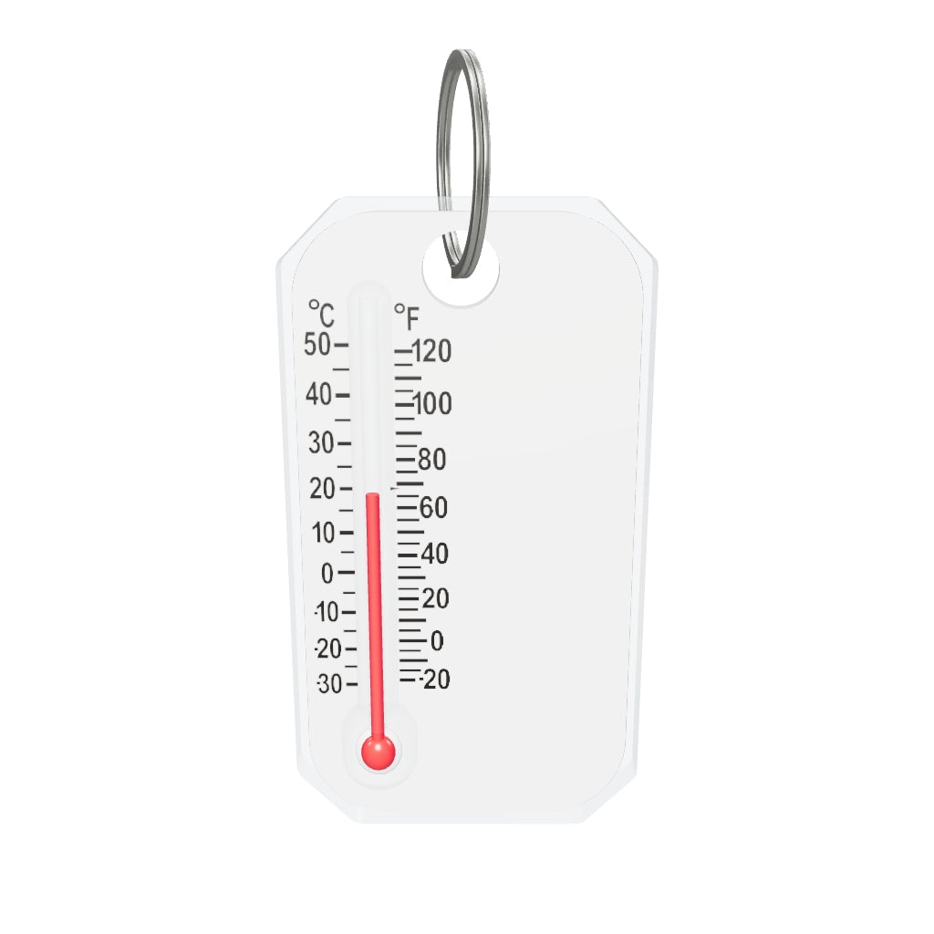 Zip-O-Gage SC-402 の3D・AR参考モデル。公称本体寸法27.94×50.8×5.08mm（リングを除く）。任意の名入れ部分は無地です。目盛・裏面表は公開資料に基づく静止表示で、実際の温度を示すものではありません。縁・レンズ・リング・細部・質感は参考用に推定した形状・設定です。