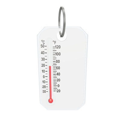 Zip-O-Gage SC-402 の3D・AR参考モデル。公称本体寸法27.94×50.8×5.08mm（リングを除く）。任意の名入れ部分は無地です。目盛・裏面表は公開資料に基づく静止表示で、実際の温度を示すものではありません。縁・レンズ・リング・細部・質感は参考用に推定した形状・設定です。