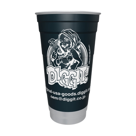 トップカップ 12oz、縦横比を維持して拡大したDIGGITイラストの全面印刷。Ball 2023年仕様書の暫定寸法を継承。現行品との寸法一致・スマホ実機ARは未確認。細部・質感は参考表現